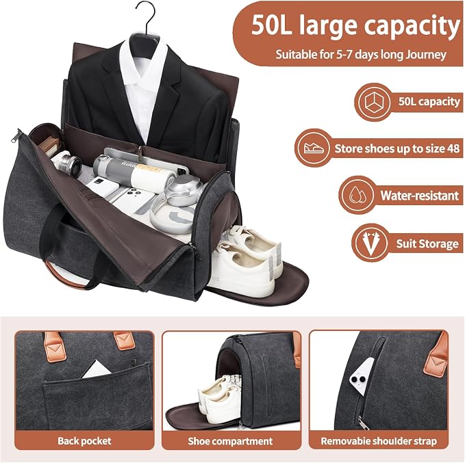 Convertible Garment Duffel Bag, Carry on Garment Bag for Travel Canvas Mens Suit Bag 2 in 1 Foldable Garment Bag with Shoulder Strap Weekender Bag with Shoe Pouch - Image 2