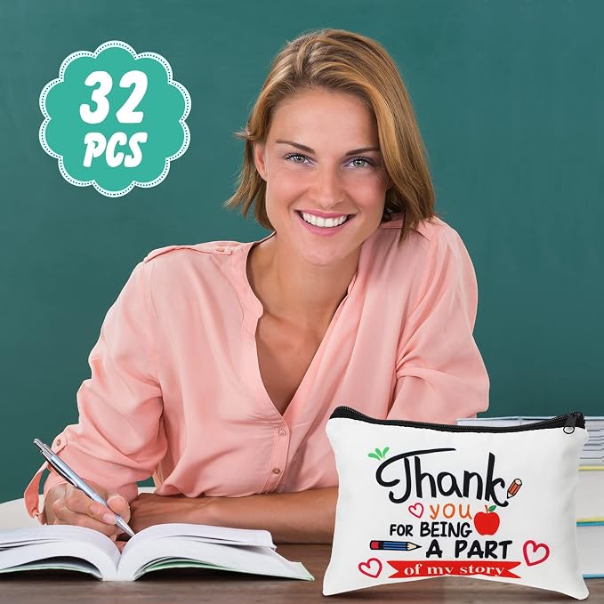 Hillban 32 Pcs Teacher Appreciation Gifts Bulk Colorful Appreciation Makeup Bag Funny Pencil Pouch for Women Thank You Gifts for Teacher Birthday Retirement(Cute) - Image 2