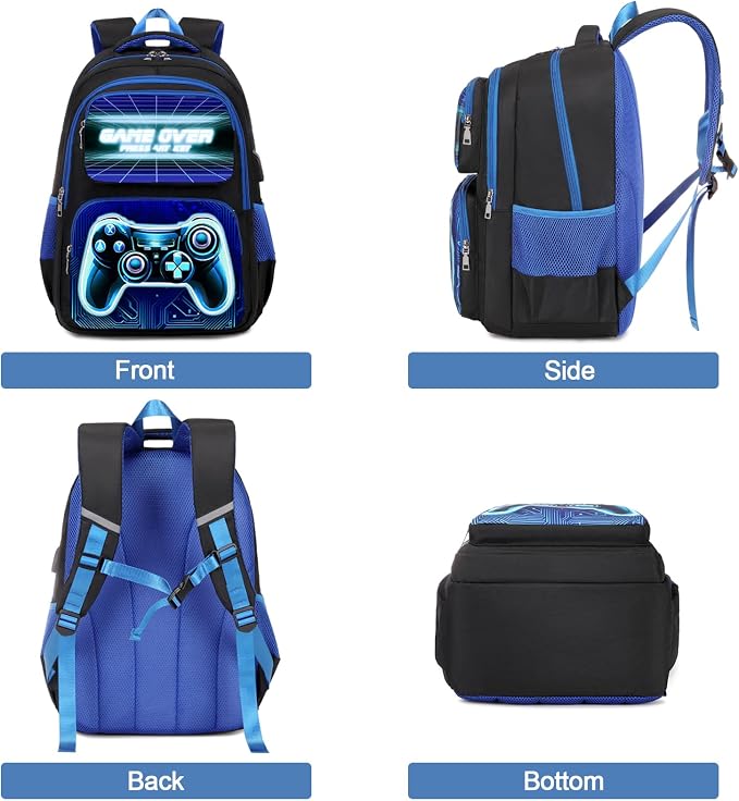 Bevalsa Backpack for Boys, School Bags for Kids, Bookbag for Boys Girls Children Teens Backpacks for Elementary Middle High school Student, Bookbag and Lunch Bag Set with USB Charging Port (Blue) - Image 4