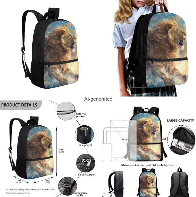 Lion Backpack for Kids Girls Backpack with Lunch Box Water Bottle Carrier and Canvas Pencil Pouch 4PCS Set Bookbag with Front Pocket 17 inch Soft Sturdy School Bag with Side Pocket for Boys - Image 3
