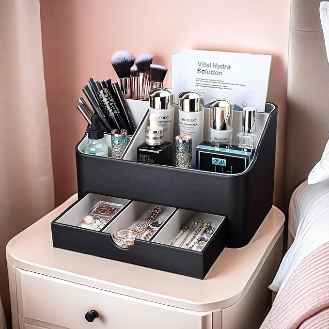KINGFOM Leather Makeup Organizer with Drawer, Cosmetic Storage for Dresser Countertop and Bathroom Vanity, Beauty Holder for Lipstick Brush Skincare, Mother’s Day Gift for Mom(Black) - Image 5