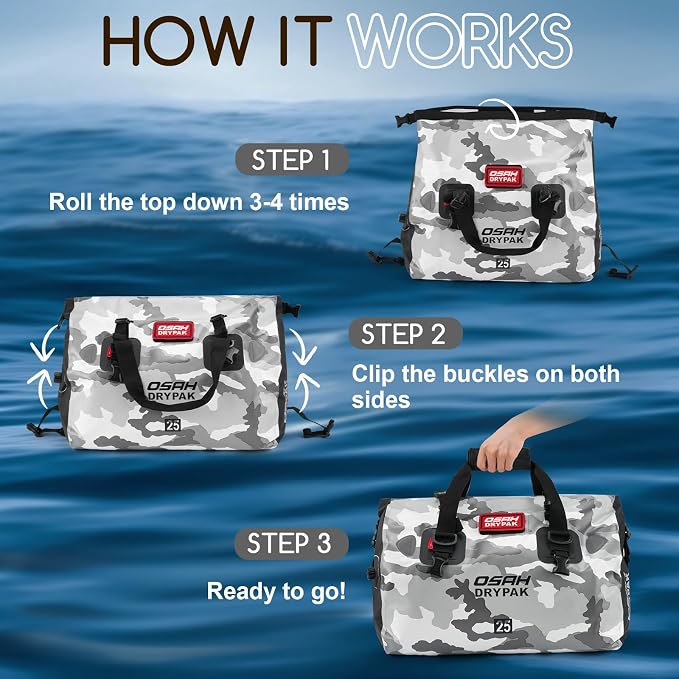 OSAH DRYPAK Waterproof Duffel Bag - Motorcycle Dry Bag Tail Bag with Large Storage Space, Waterproof Luggage Duffle Bags with Outer Mesh Zipper Pocket for Camping, Kayaking, Fishing & Traveling - Image 5