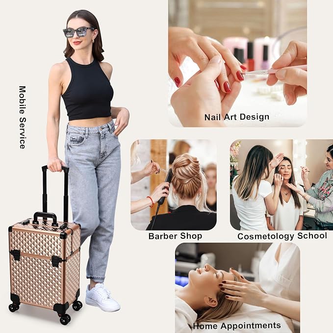 Stagiant Rolling Makeup Train Case Large Storage Cosmetic Trolley 4 Tray with Sliding Rail Removable Middle Layer with Key Swivel Wheels Salon Barber Case Traveling Cart Trunk - Image 5