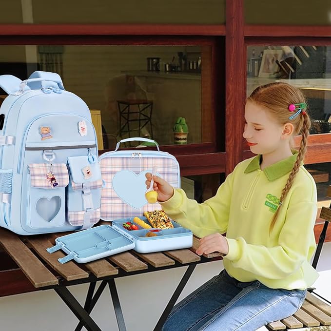 ACESAK Girls Backpack - Bento Box with Insulated Lunch Bag Pencil Case & Utensils Set for Kids, 6 Leakproof Compartments Removable Tray Lunches or Snack Container for School (Blue) - Image 7