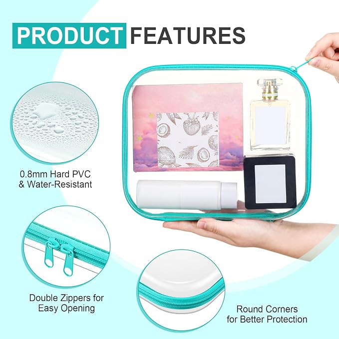 Sanwuta 6 Pcs Clear Hard Zipper Case Plastic Zipper Pouches Transparent Makeup Bag Pencil Case Pouches Toiletry Diaper Bag for Travel Toy Storage Organizer Bins(Teal,9.84 x 7.87 x 2 Inch) - Image 3