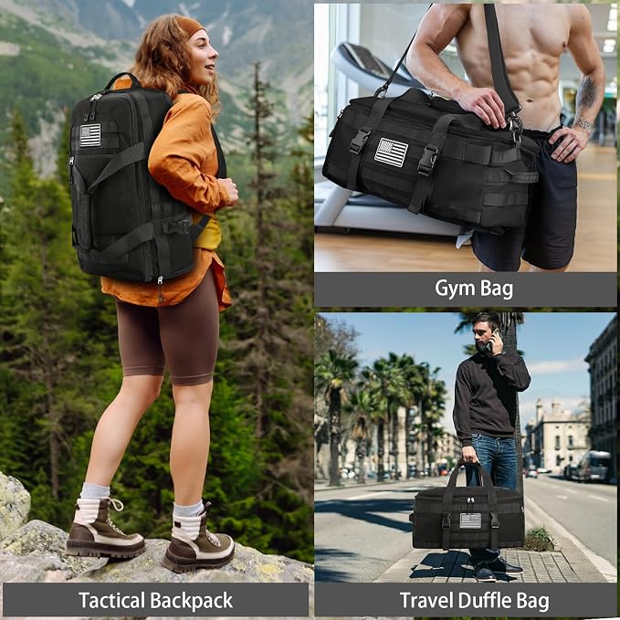 Gym Bags for Men, Large Tactical Duffle Bag Backpack with Shoe Compartment, 3 in 1 Carry on Bag Travel Backpack with Wet Pocket, Weekender Overnight Range Bag for Workout Football Gym, Black - Image 6