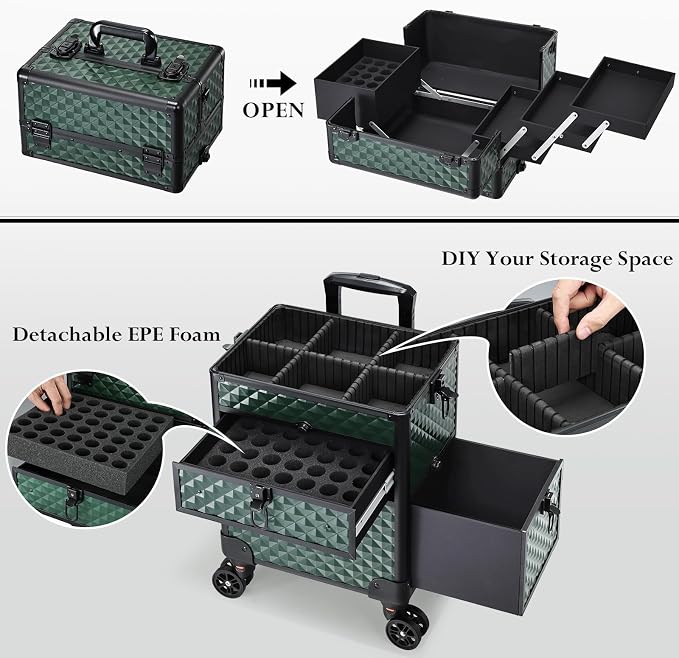 Joligrace Rolling Makeup Case with Drawers - Tattoo Storage Organizer Travel Cart for Nail Tech, Cosmetology, Barber Tools - Portable Suitcase on Wheels Dark Green - Image 4