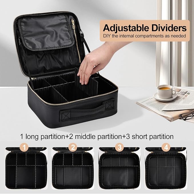 Travel Makeup Bag with Brush Holder, Professional Cosmetic Train Case Organizer for Women, Portable Travel Makeup Brush Carry Case Cosmetic Artist Storage Box with Adjustable Dividers, Leather Black - Image 4