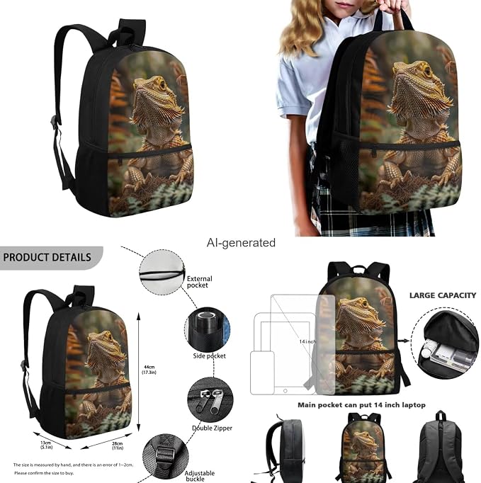 Dragon Lizard Backpack for Kids Boys Backpack with Lunch Box Water Bottle Pouch and Big Pencil Case 4PCS Set Bookbag with Front Pocket 17 inch Sturdy School Bag Kids Back to School Essentials - Image 3
