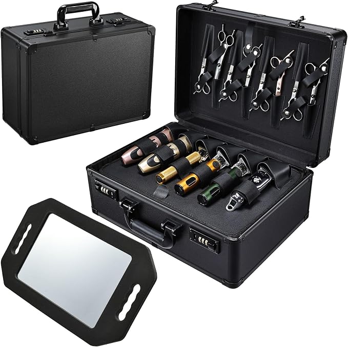 Barber Accessories Case, Profesional Barbers Briefcase Tool Case, Barber Cases for Clippers and Supplies, Hair Scissors Clippers Trimmer Organizer, Barbers Suitcase with Code Lock (Matte Black) by Yueieoun
