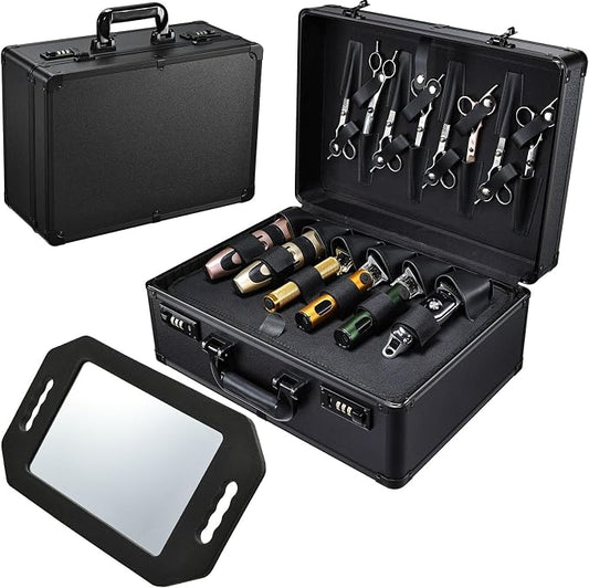 Barber Accessories Case, Profesional Barbers Briefcase Tool Case, Barber Cases for Clippers and Supplies, Hair Scissors Clippers Trimmer Organizer, Barbers Suitcase with Code Lock (Matte Black) by Yueieoun