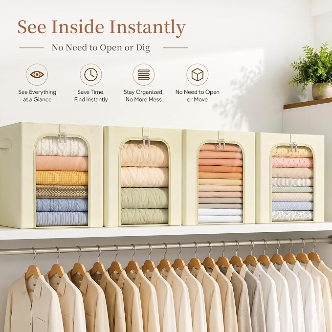 GoMaihe Clothes Storage Bins with Metal Frame, 40L Sweater Storage Boxes for Above Shelf Closet, 4 Pack Stackable Clothing Storage Organizer with Clear Window for Jeans Hoodies T-shirt – Beige - Image 6