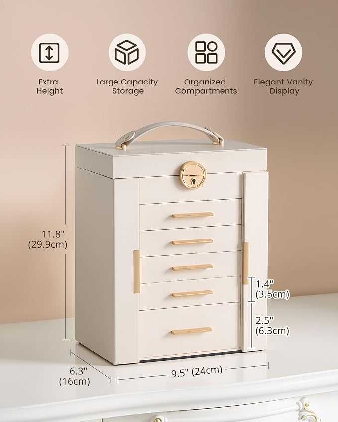 Lolalet Large Jewelry Box Organizer for Women, 6-Layer Jewelry Organizers and Storage Case with Mirror & 5 Drawers, Lockable Watch Ring Earring Bracelet Necklace Holder Girls Gift -6Layer, Beige - Image 3