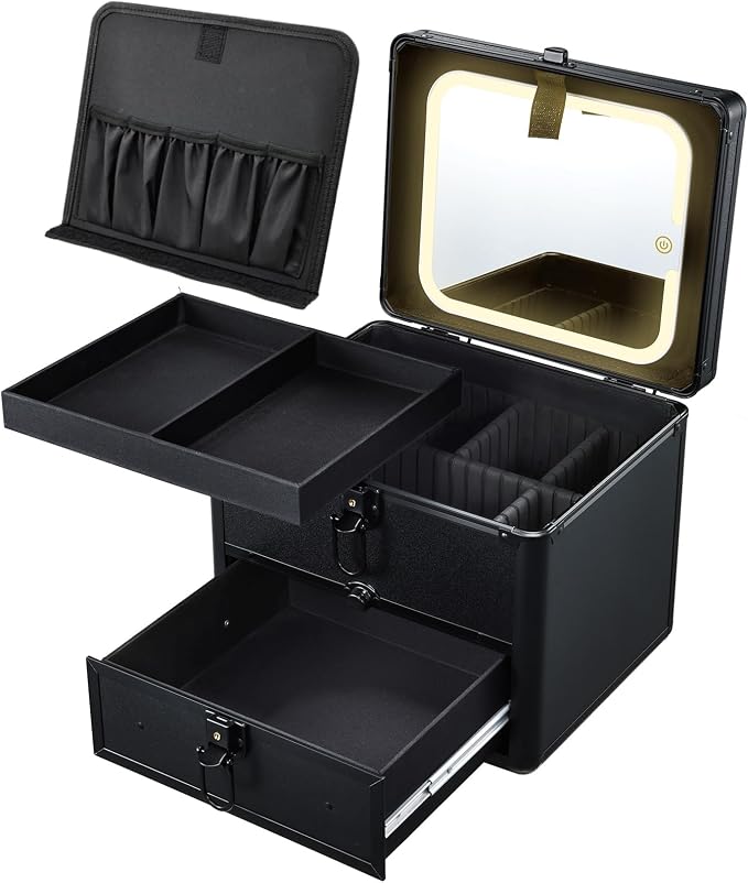 Faquenc Makeup Case with Drawer, Detachable Lighted LED Mirror, Makeup Organizer Box Travel Make up Vanity Case Portable Cosmetic Train Case for MUA Lockable Makeup Suitcase with Adjustable Dividers by Faquenc