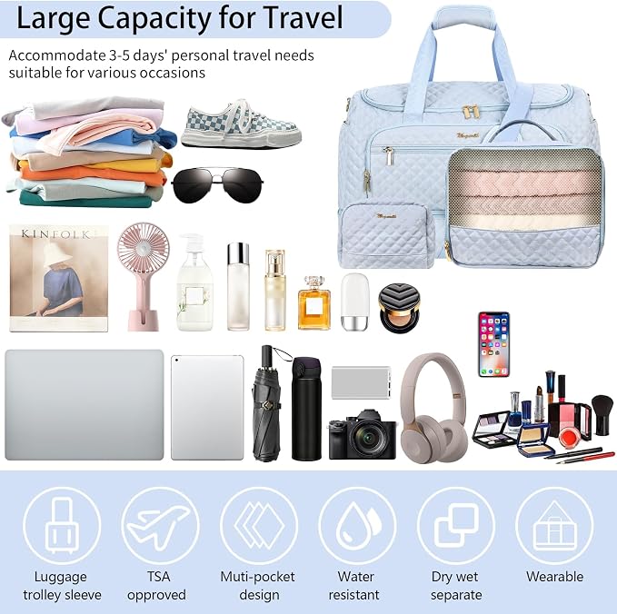 Wogarl 3PCS Weekender Bags for Women Large Overnight Bag Weekend Travel Duffel Bag Carry on Shoulder with Shoe Compartment Canvas Toiletry Bag for Travel Business Gym,Sky Blue - Image 7