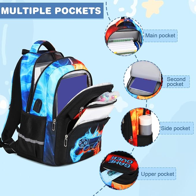 Bevalsa Backpack for Boys, School Bags for Kids, Bookbag for Boys Children Teens Backpacks for Elementary Middle High School Student, Bookbag and Lunch Bag Set with USB Charging Port (Flame) - Image 3