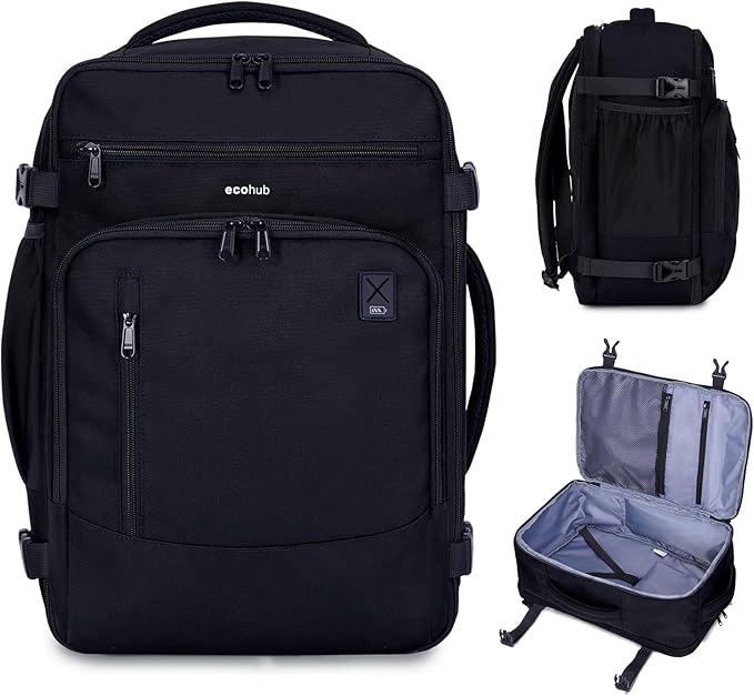 ECOHUB 17" Small Travel Backpack, United Airlines Personal Item Bag 17x10x9 with 16 Pockets, Water Resistant Rucksacks Fit 15.6" Laptop, AirTag Pocket, Lightweight Casual Daypack, 25L, Black by ECOHUB