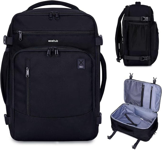 ECOHUB 17" Small Travel Backpack, United Airlines Personal Item Bag 17x10x9 with 16 Pockets, Water Resistant Rucksacks Fit 15.6" Laptop, AirTag Pocket, Lightweight Casual Daypack, 25L, Black by ECOHUB