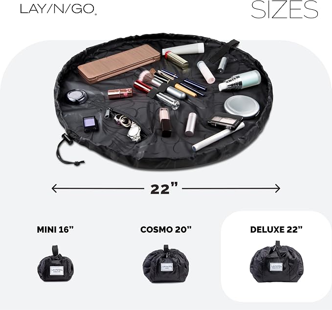 Lay-n-Go Cosmo Layflat Cosmetic & Makeup Bag Organizer - Portable Drawstring Bag w/Zipper Pocket, Brush Storage Loops & More - Durable, Machine Washable Toiletry Bag for Travel (22", Black) - Image 4