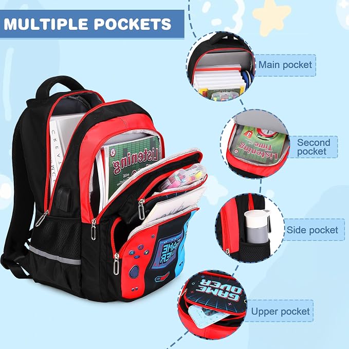 Bevalsa Kids Backpack for Boys with Bento Lunch Box, Insulated Bag & Utensils, 43oz Lunch Containers with 6 Compartment, Gamer Backpack School Bags for Elementary Middle School Student (Red Blue) - Image 3