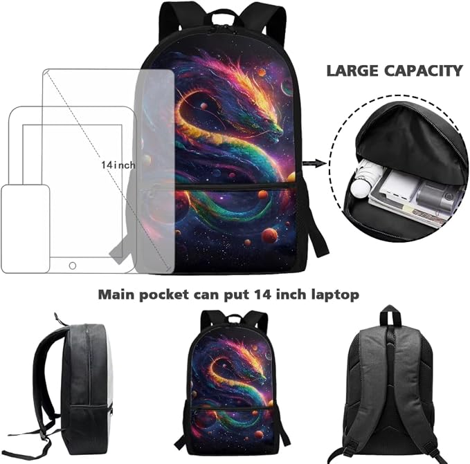 Dragon Backpack for Teens Matching Backpack and Lunch Bag Boys Galaxy 17 Inch School Bag Set 5 in 1 Children Elementary School Book Bag Fashion Lunch Bag - Image 4