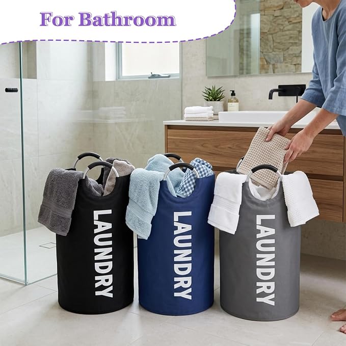 Laundry Basket 3PCS, 95L Large Clothes Hamper with Handle, Foldable Laundry Bag for Kids Room, Bathroom, Dorm, Portable Washing Bin for Home Organization, Black + Gray + Navy Blue - Image 9