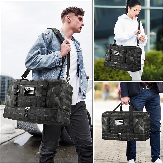 Travel Bag for Men Women, Gym Bag & Tactical Duffle Bags for Travel, Carry on with Toiletry Bag and Shoe Compartment, Weekender Overnight Trip with Wet Pocket for Workout Medical, Black Camo - Image 6
