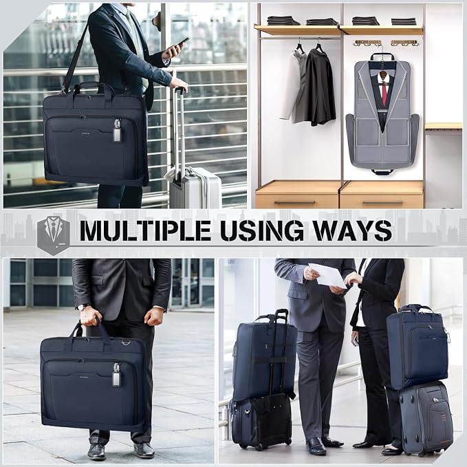 RAINSMORE Garment Bags for Travel Carry On Garment Bag for Hanging Clothes, Suit Bag for Business Trips with Shoes bag & Shoulder Strap, Waterproof Foldable Suit Luggage Bag for Men Women, Blue - Image 7