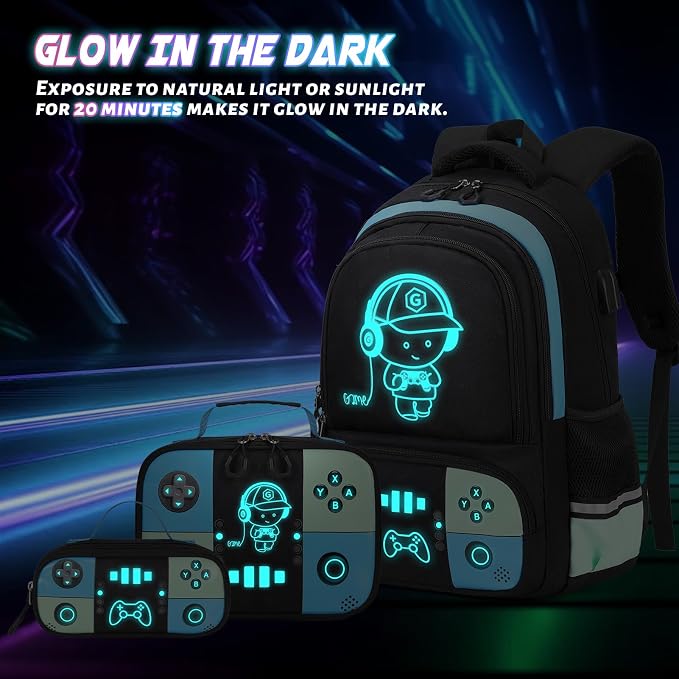 Bevalsa Backpack for Boys with 43OZ Bento Lunch Box,Insulated Lunch Bag & Pencial Case,Cool Luminous Gamer Schoolbag for Kids Teens Elementary Middle School,Bookbag Glow In The Dark - Image 4