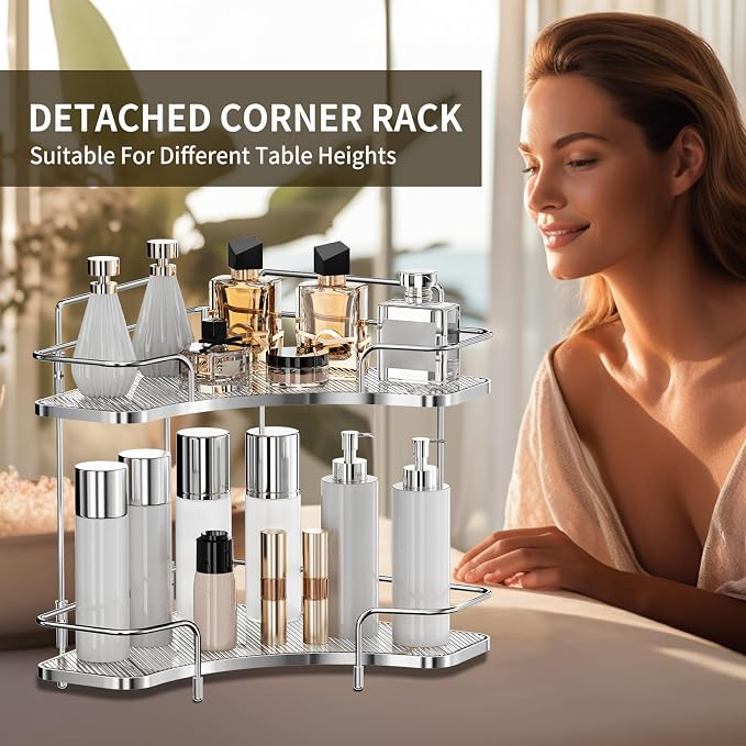 Seoneiro 2 Tier Corner Bathroom Counter Organizer, Cosmetic Skincare Organizer, Bathroom Countertop Perfume Tray Vanity Organizer, Kitchen Spice Corner Storage Shelf - Image 5