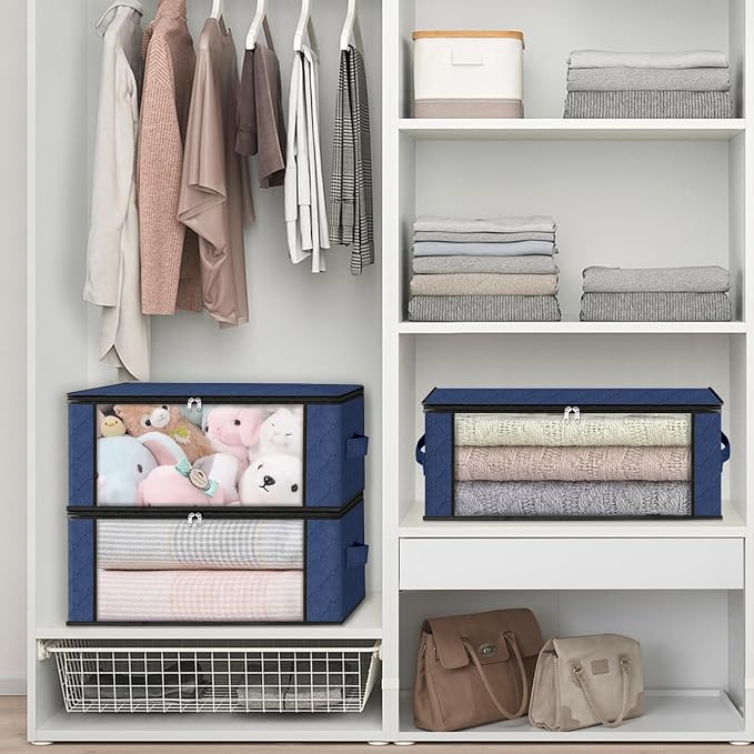 HomeHacks Storage 6-Pack Clothes Organizer Storage Bags Foldable Storage Box with Large Clear Window Sturdy Handles for Closet, Dorm, Pillows, Bedding, Clothes, Blankets, 35L, Blue - Image 6