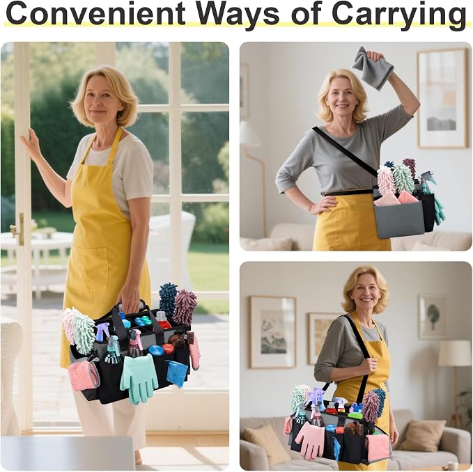 Wearable Large Cleaning Caddy Bag for Housekeeper, Clean Supply Organizer with Adjustable Shoulder, Waist & Handle Straps, Detailing Bag for Kitchen Supplies (Black&Gray) - Image 7
