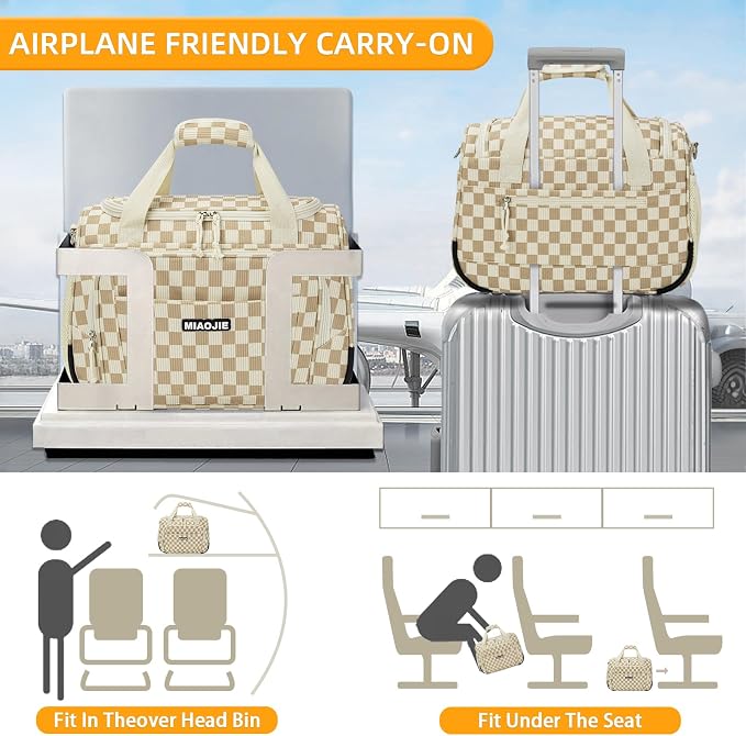 Underseat Carry On Luggage Lightweight Travel Tote Weekender Bag Overnight Duffle Bag for Travel, Travel Essentials Personal Item Travel Bag for Women, Corduroy Khaki Grid-16Inch - Image 3