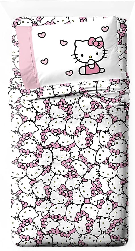 Jay Franco Sheet Set with Fitted, Flat Sheets & Pillow Cover - Ultra-Soft Bedding with Pillowcase for Room Decor, Multi - Hello Kitty, 3 Piece Twin by JayFranco