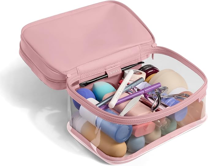 Away Clear Cosmetic Case - Water-Repellent Transparent Cosmetic Bag with 2 Compartments, Brush Holder, Interior Zip Pocket - Blush Pink - Image 6