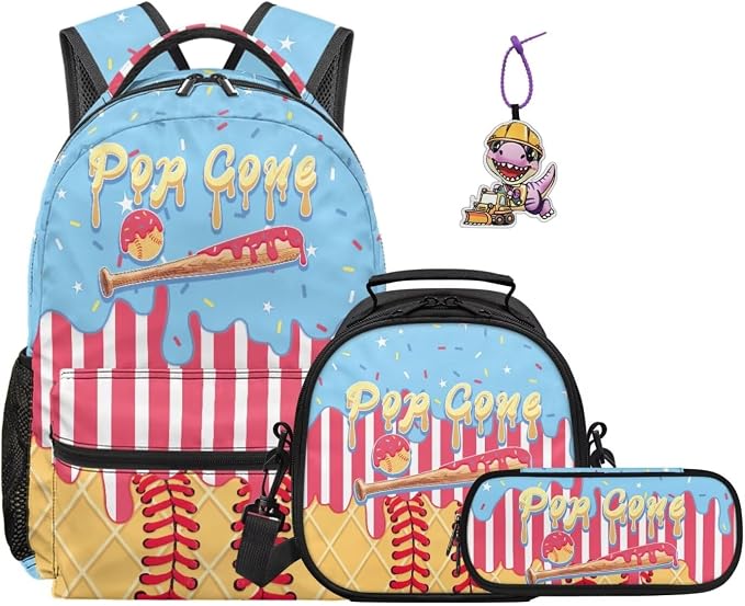 Pop Cone Ice Cream Drip Kids 4-in-1 School Set with Lunch Box, Pencil Case & Dinosaur Charm, 17 Inch Bookbag for Girls Ages 9-11 4th 5th Grade, Lightweight Sport Backpack by Dremagia