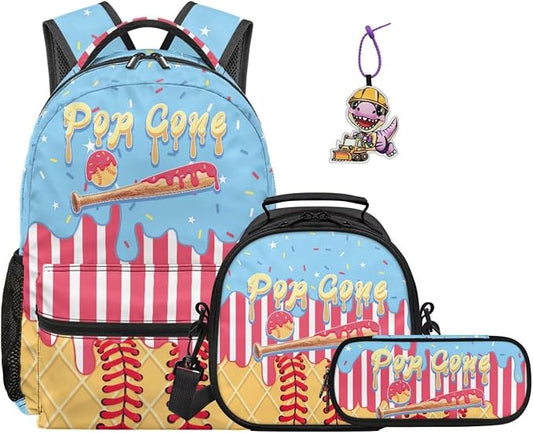 Pop Cone Ice Cream Drip Kids 4-in-1 School Set with Lunch Box, Pencil Case & Dinosaur Charm, 17 Inch Bookbag for Girls Ages 9-11 4th 5th Grade, Lightweight Sport Backpack by Dremagia