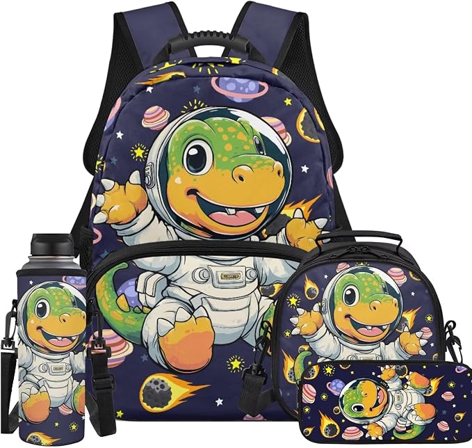 Dinosaur Astronaut Kids Backpack 4-in-1 Boys Backpack with Lunch Bag Box and portable Pencil Case Water Bottle Slevee for Kids Teens Elementary Preschool Kindergarten Primary School 17 inch by Unknown