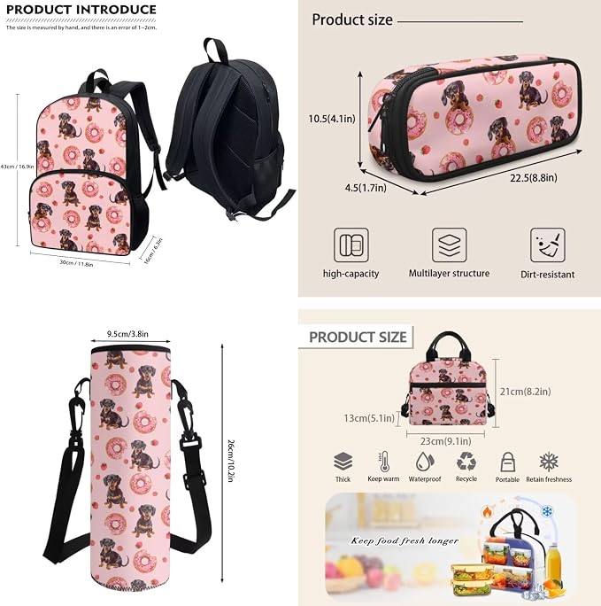 4Piece Kids School Backpack Set Dachshund Dog Backpack Dog Schoolbag Set with Lunch Bag Pencil Case Water Bottle Holder Bag for Boys Girls - Image 3
