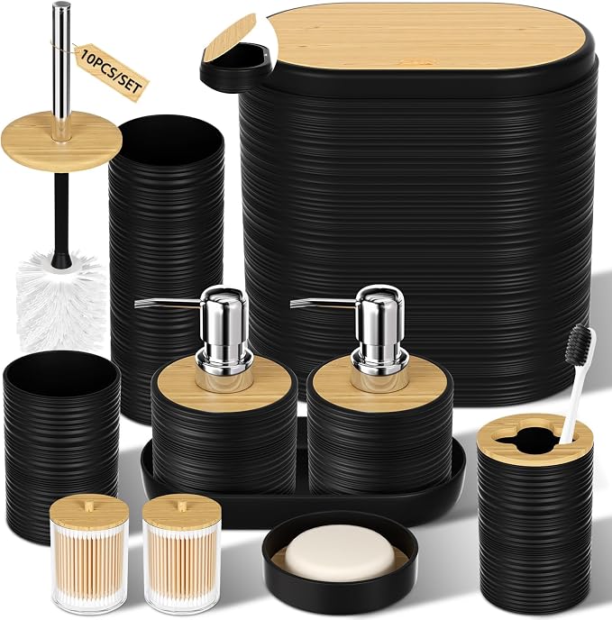 XLHOMO Black Bathroom Set - 10PC Bathroom Accessories Set, Luxury Bathroom Accessory Set with Trash Can,Toilet Brush & 2 PC Soap Dispensers for Apartment Decor and Housewarming by BetterbathroomwithXLHOME
