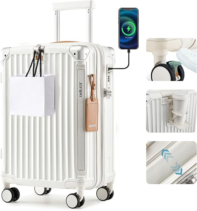 Joyway Carry On Luggage, Expandable Suitcase with Smart Cup Holder and USB Port, 20 IN Hardside Checked with TSA Lock Spinner Double Wheels, White by Joyway