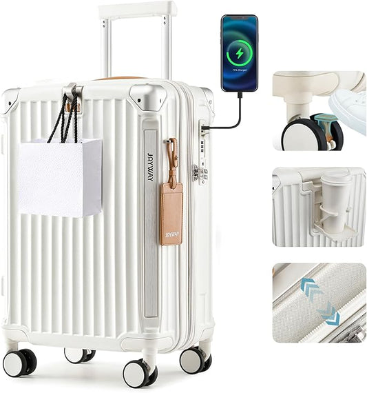Joyway Carry On Luggage, Expandable Suitcase with Smart Cup Holder and USB Port, 20 IN Hardside Checked with TSA Lock Spinner Double Wheels, White by Joyway