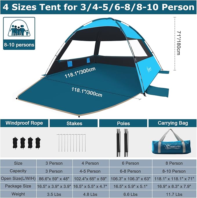 COMMOUDS Beach Tent Sun Shelter for 3/4/6/8 Person, UPF 50+ UV Protection Beach Shade Canopy Tent, Lightweight, Easy Set Up and Carry - Image 2