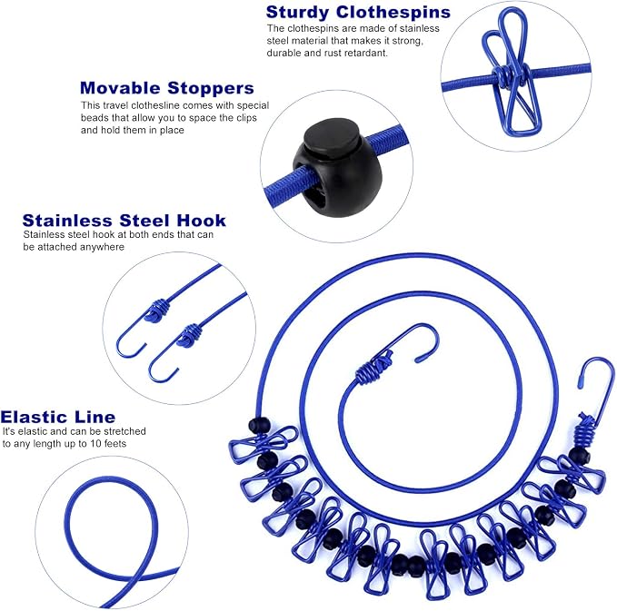 B&Y Travel Clothesline, Portable, Retractable and Adjustable Camping Clothesline, with a Non-Woven Bag, 13 Non-Slip Clips, 12 Clothes Clips, Indoor and Outdoor use (Blue) - Image 7