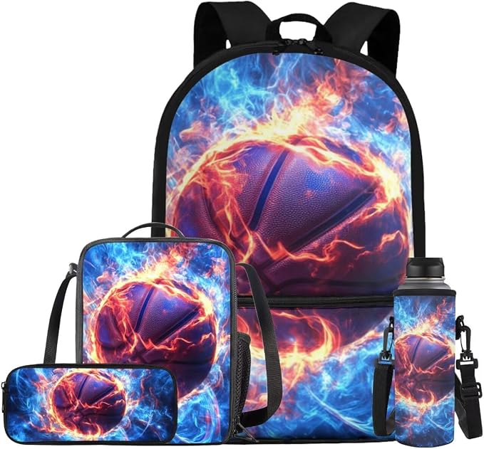 Fire Basketball Backpack for School Boys Backpack with Lunch Box Water Bottle Bag and Big Pencil Pouch 4PCS Set Soft Bookbag with Front Pocket 17 inch Sturdy Elementary School Bag for Kids by ELEDIZI