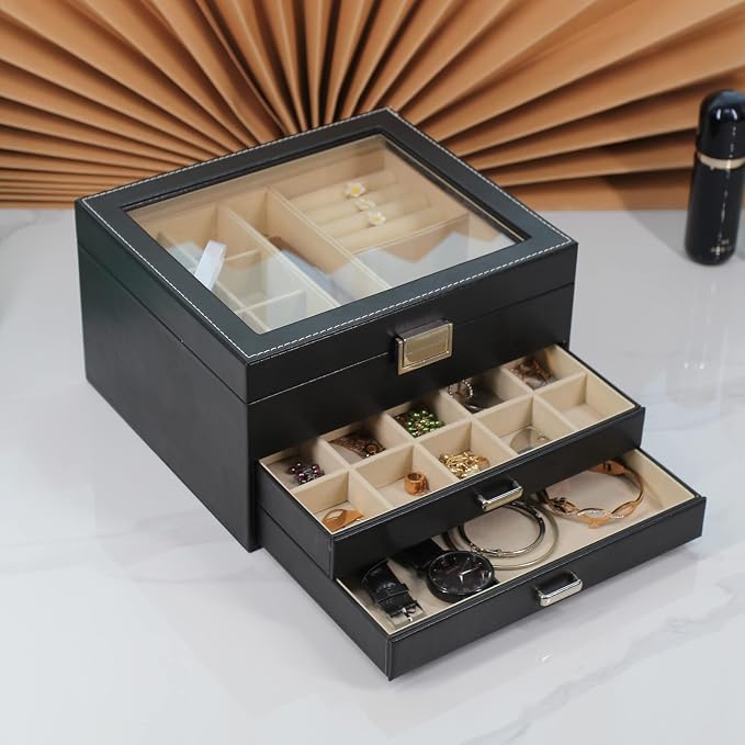 BOOVO Clear Lid Jewelry Box,3 Layers Jewelry Organizer Large Jewelry Storage Box with 2 Drawers,Jewelry Holder Organzier of Rings Earrings Necklace Bracelets for Women (Black, 3 Layer) - Image 4