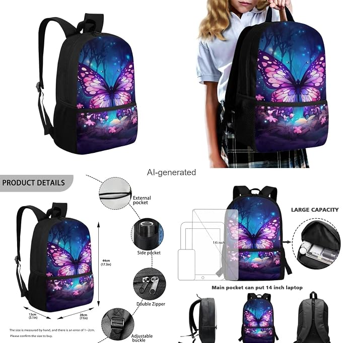 Purple Butterfly Elementary School Backpack for Girls with Lunch Box Lightweight Large Capacity Student Bookbag for Kids Teens Children Casual Travel Daypack Cute School Supplies Set - Image 3