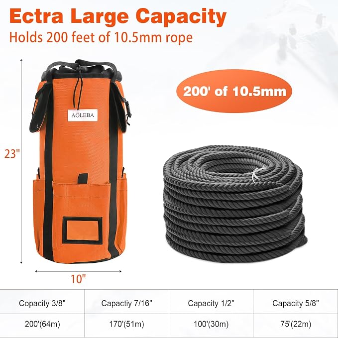 AOLEBA Arborist Rope Storage Bag Tree Climbing Rock Rope Bucket Backpack Rope Storage Bag Large Capacity 1680D Thicken Nylon Material with Hand Straps, Side Pockets - Image 2