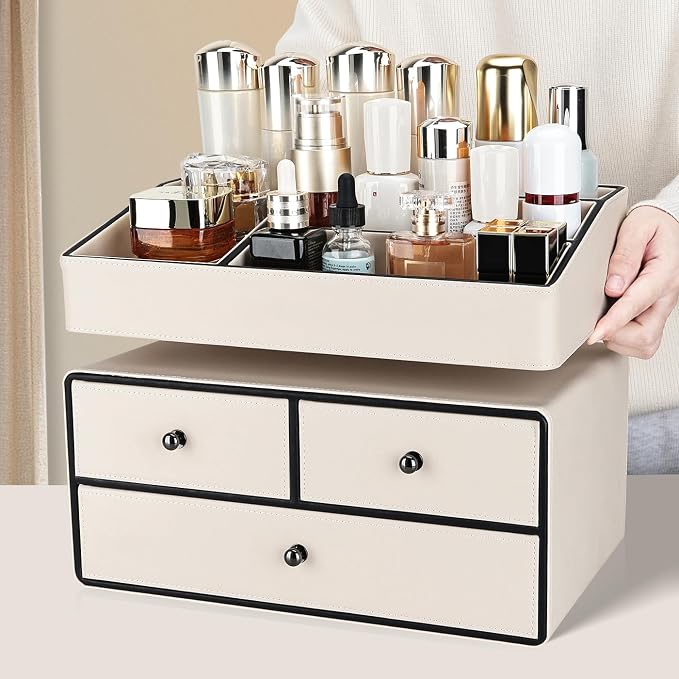 KINGFOM Leather Makeup Organizer with 3 Drawers, 2 Tier Cosmetic Storage Organizer for vanity Dresser Countertop and Bathroom Vanity, Beauty Holder for Lipstick Brush Skincare (Beige) - Image 5