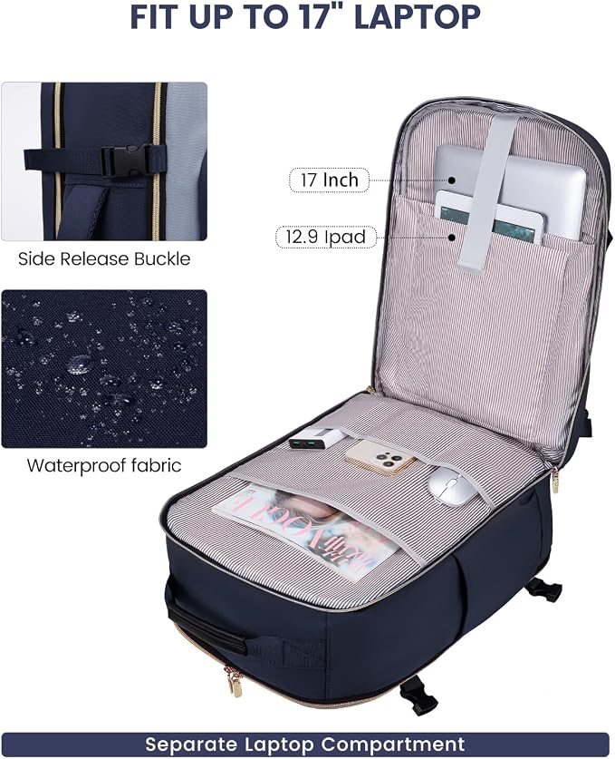 LOVEVOOK 56L Travel Backpack for Women & Men, Airline Approved Carry On Luggage with 3 Packing Cubes, TSA Overnight Bags, Waterproof Personal Item Bag, Weekender Essentials Backpacks fits 17" Laptop - Image 9